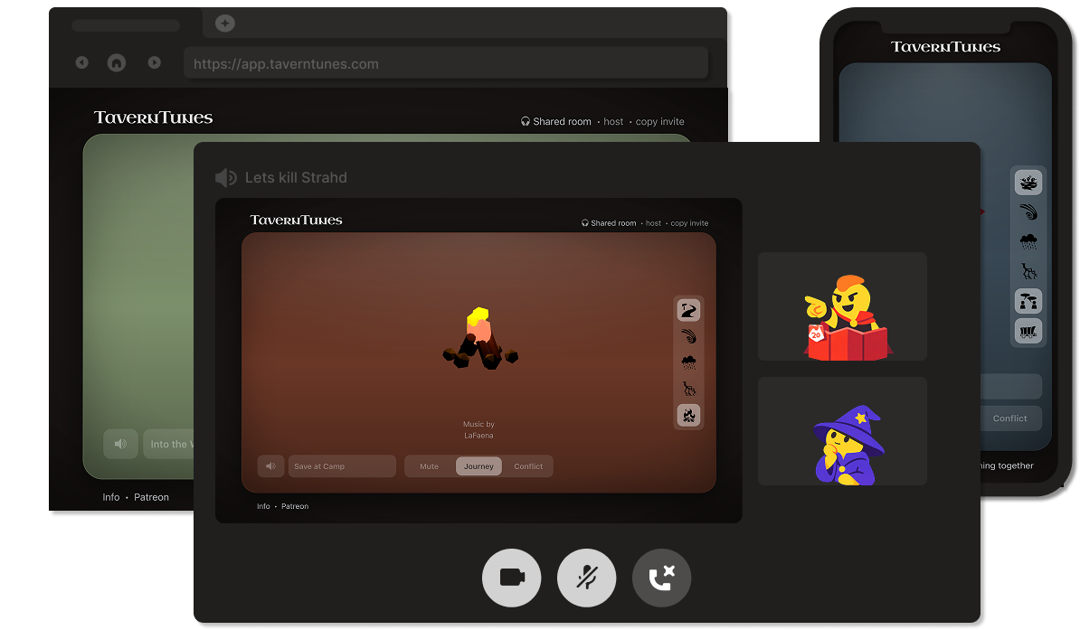 TavernTunes app screenshot showing the user interface with various scene controls and a group listening
